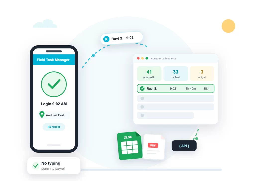 Employee attendance management system: a phone punch becomes console records and payroll-ready Excel, PDF and API exports - ConnectMyWorld