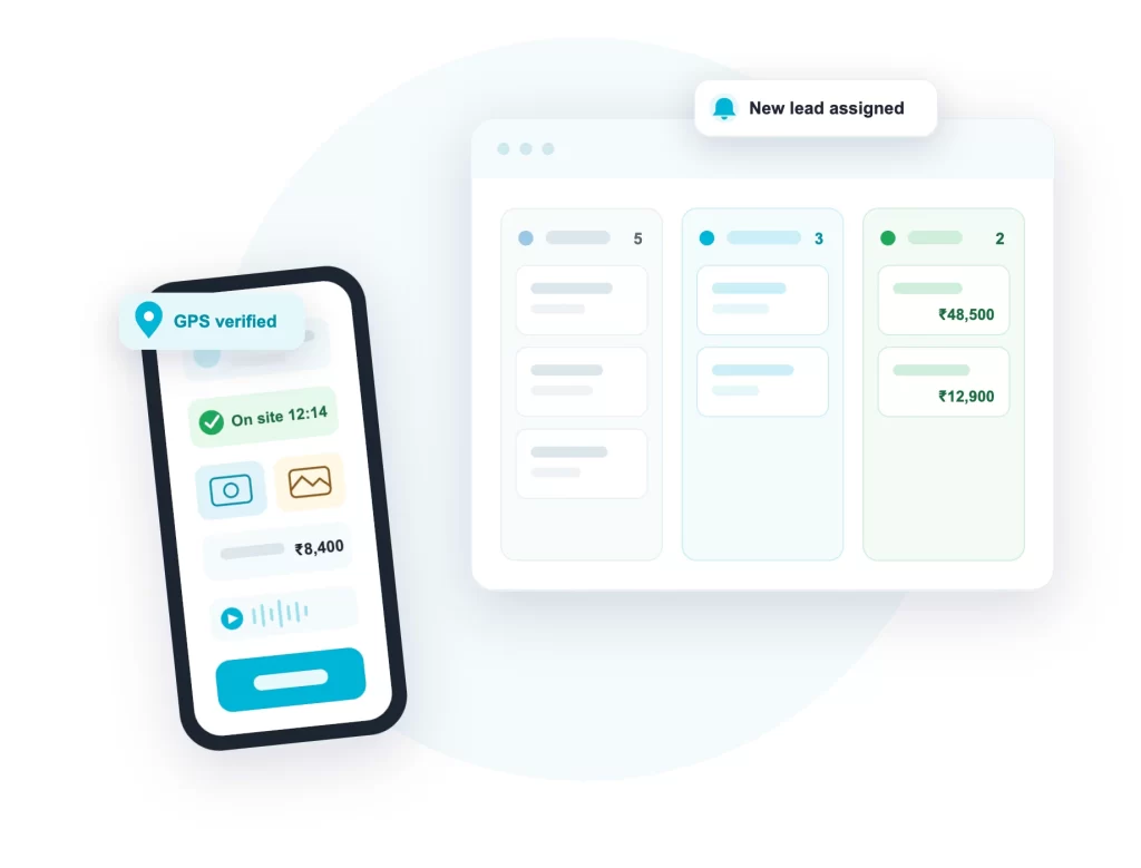 Field CRM app showing a GPS-verified visit on the phone and the lead pipeline on the browser - ConnectMyWorld
