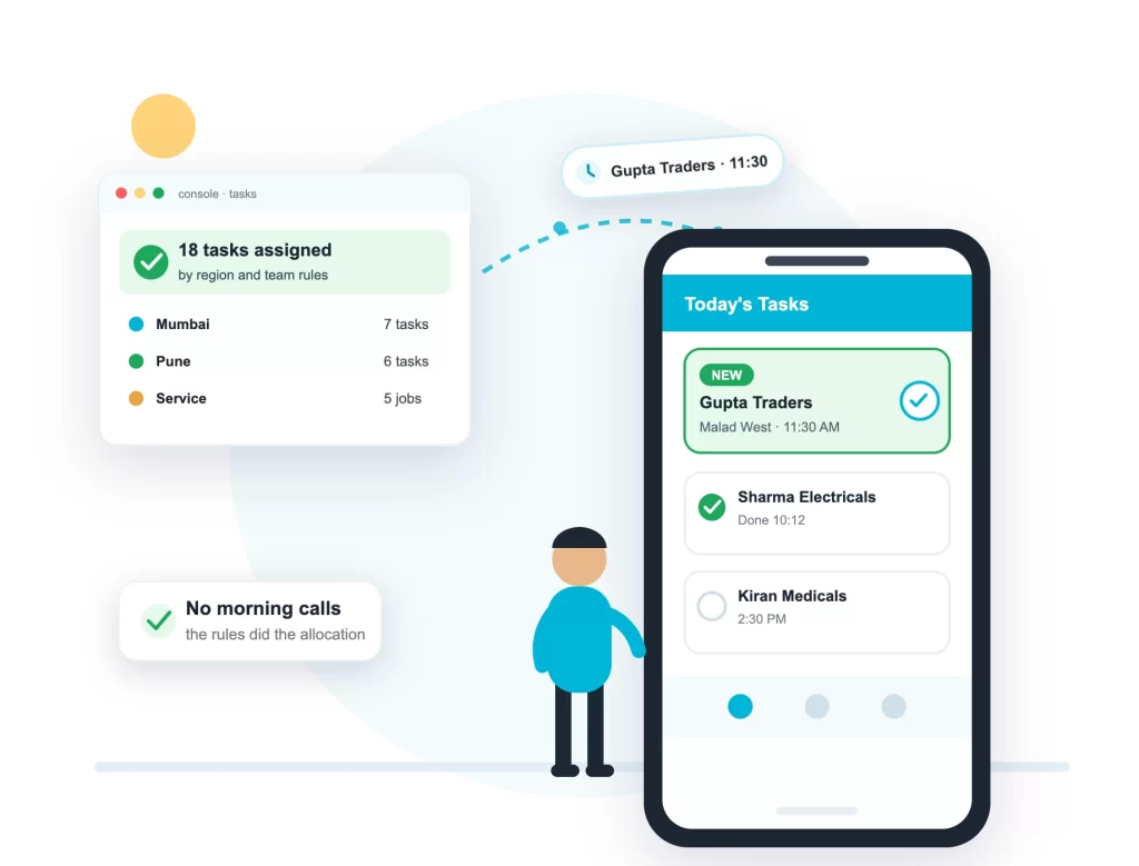Field force automation software: tasks from API, bulk upload and console assigned to teams by rules - ConnectMyWorld