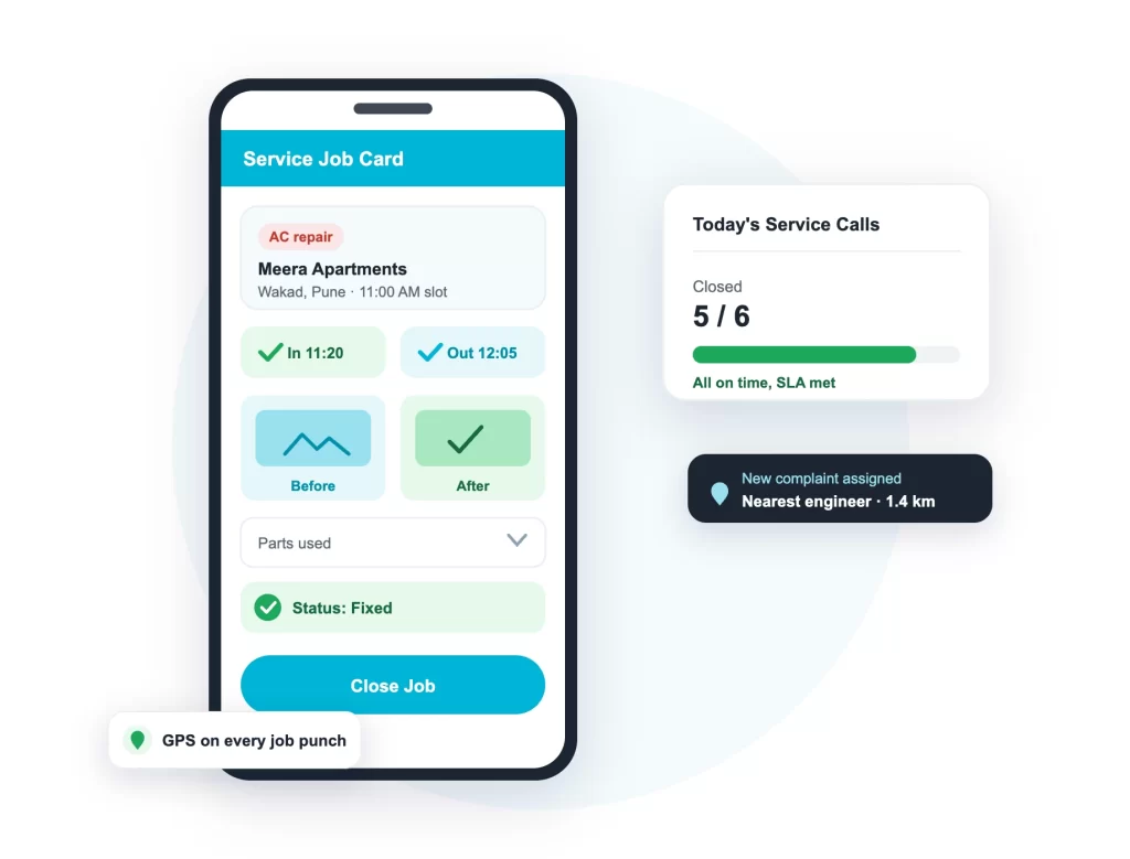 Field service management software job card on the phone with GPS check-in, before and after photos and parts used