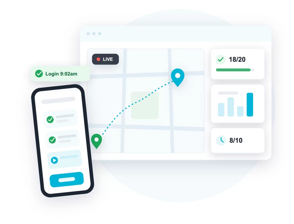 Field staff app dashboard with live map, attendance count and task status - ConnectMyWorld