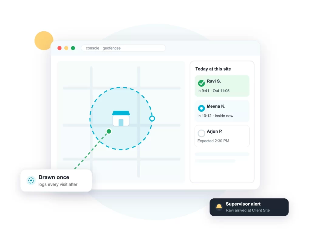 Geofence attendance system console: map with a drawn geofence and the arrival and departure log - ConnectMyWorld